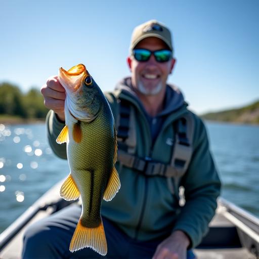 A fishing guide in a bass boat holding a smallmouth bass.
