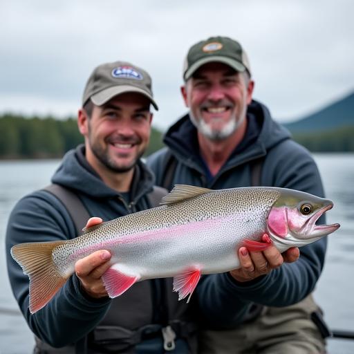 A fishing guide holding a large Lake Trout with a client.
