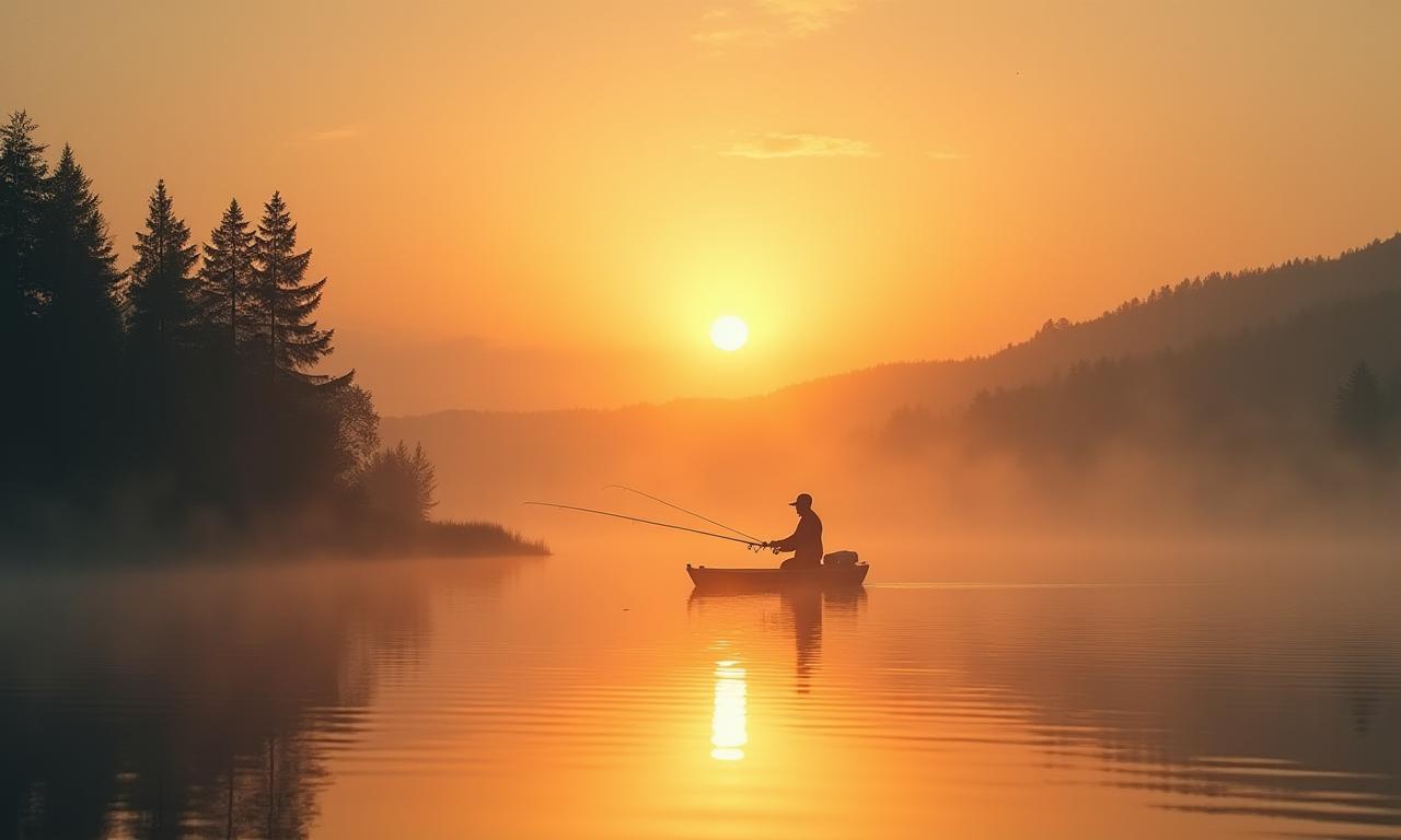 A tranquil scene of a person fishing on a calm lake at sunrise.